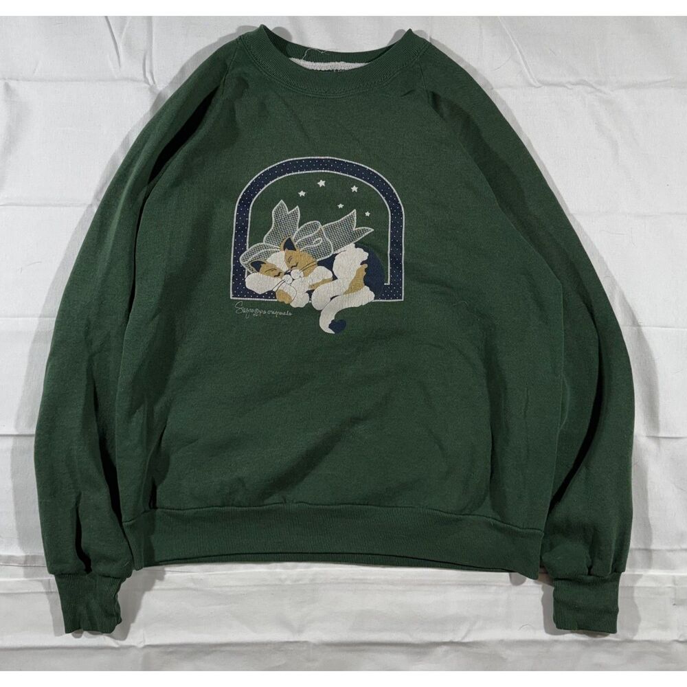 Vintage Jerzees USA Green Sleeping Cat Bow Graphic Crewneck Sweatshirt L - Picture 1 of 4